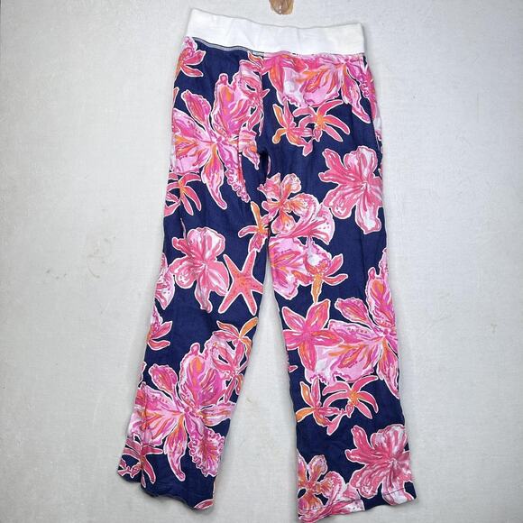 Lilly Pulitzer Pants Womens Medium Navy Pink The Beach Pant Linen Pull On Floral - Picture 2 of 11